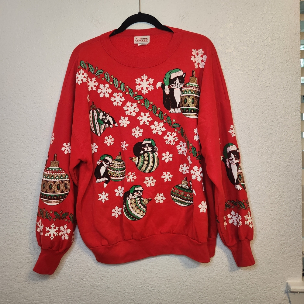 Vintage 1990 Nut Cracker Kitten Sweater Christmas Red Holiday Sweatshirts 42 - Picture 2 of 15